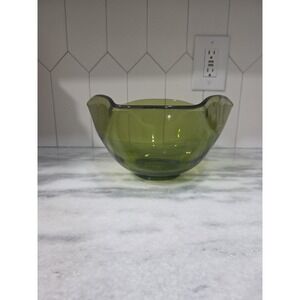 Avocado Green Glass Salad Bowl, MCM Large Serving Bowl, Crimped Crinkle Edge